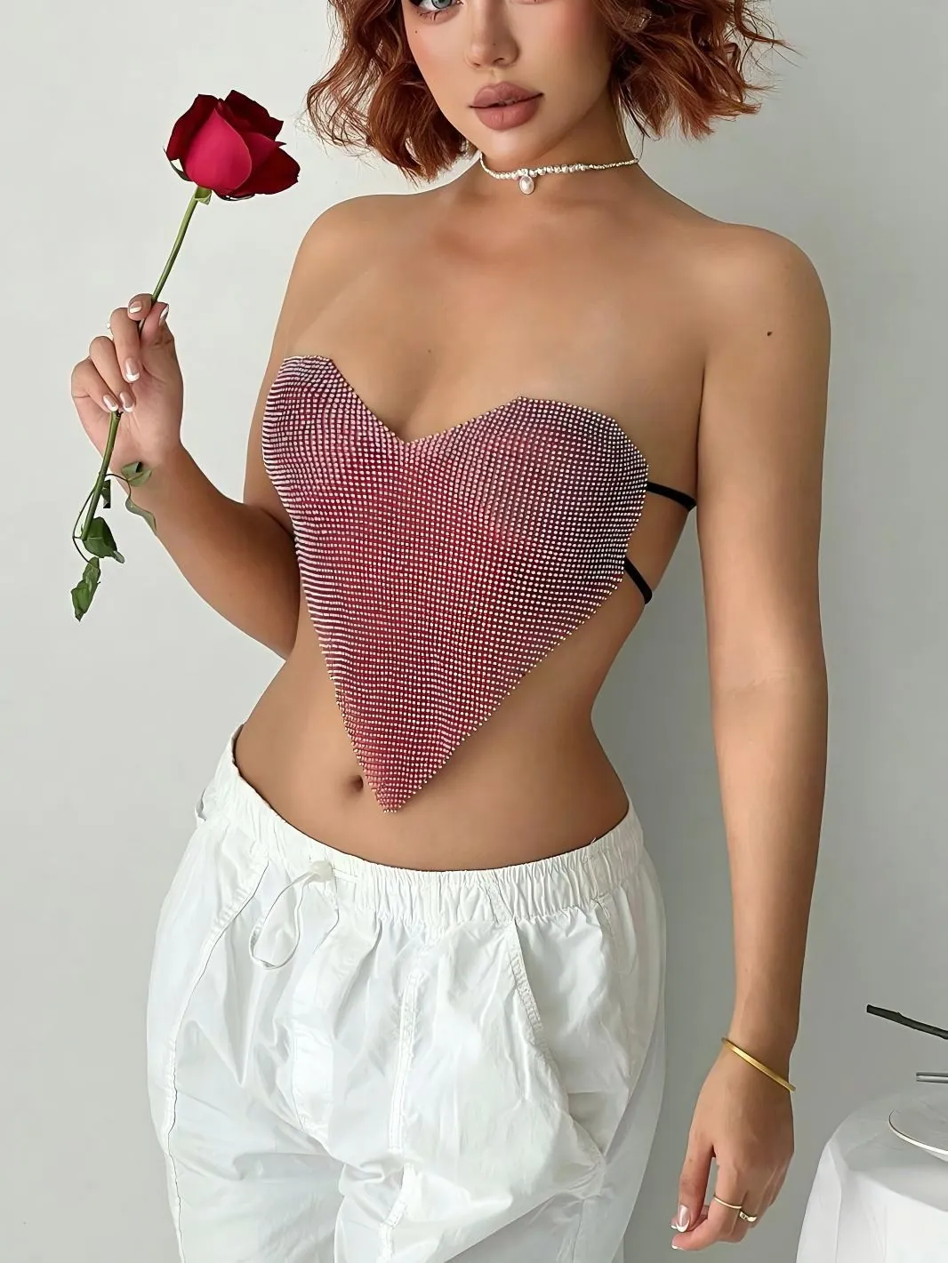 Women Sexy Heart Shaped Rhinestone Tube Top Backless Lace-up Metallic Mesh Vest Party Nightclub Bling Crop Top Red