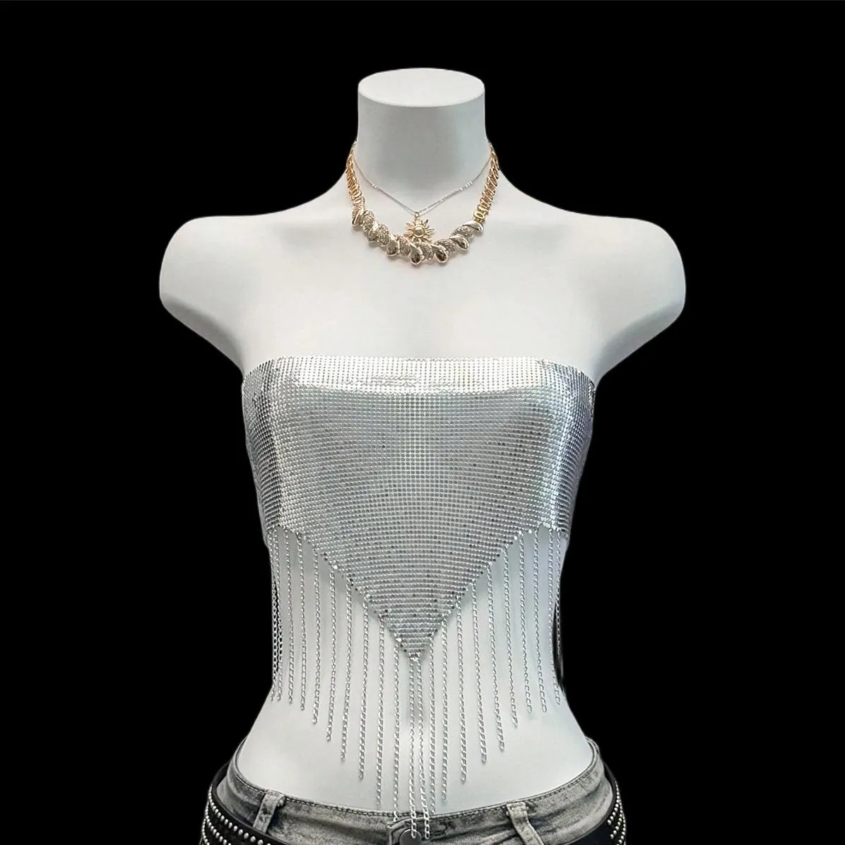 Haut Tube Sexy en Mailles Métalliques à Paillettes Femmes Haut Court Sans Bretelles Franges de Chaîne Ourlet en V Lacé pour Fête Club