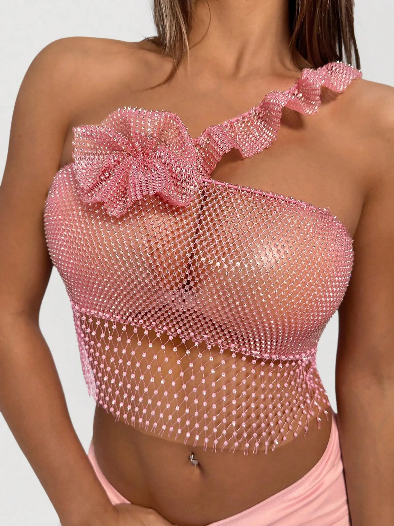 Sexy Pink Rhinestone Mesh One Shoulder Crop Top With 3D Flower Decoration Party Club Slim Fit Camisole For Women