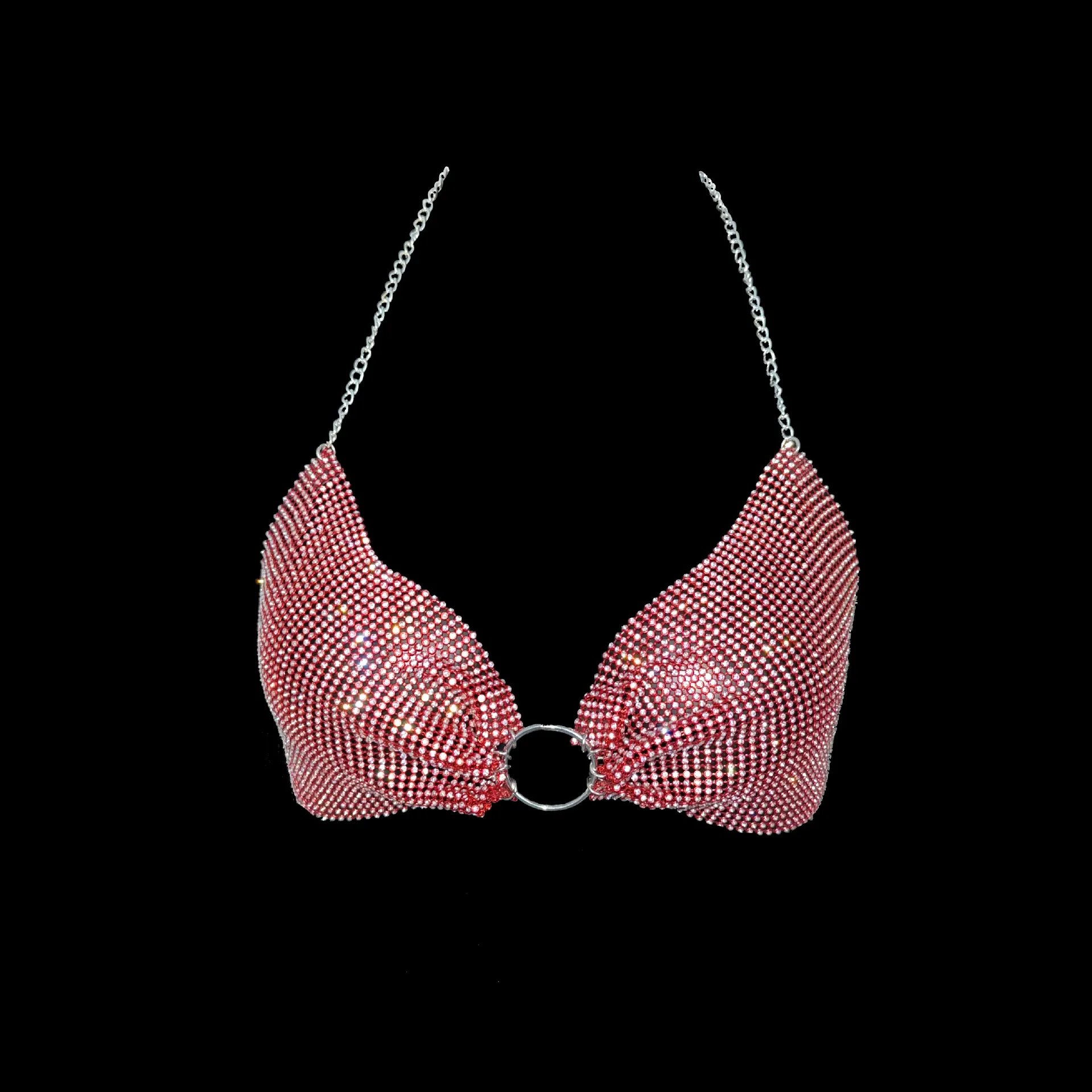 Haut Court Sexy Dos Nu en Strass pour Femmes Chaîne en Métal Fête de Noël Haut de Soutien-Gorge Scintillant Tenue de Festival