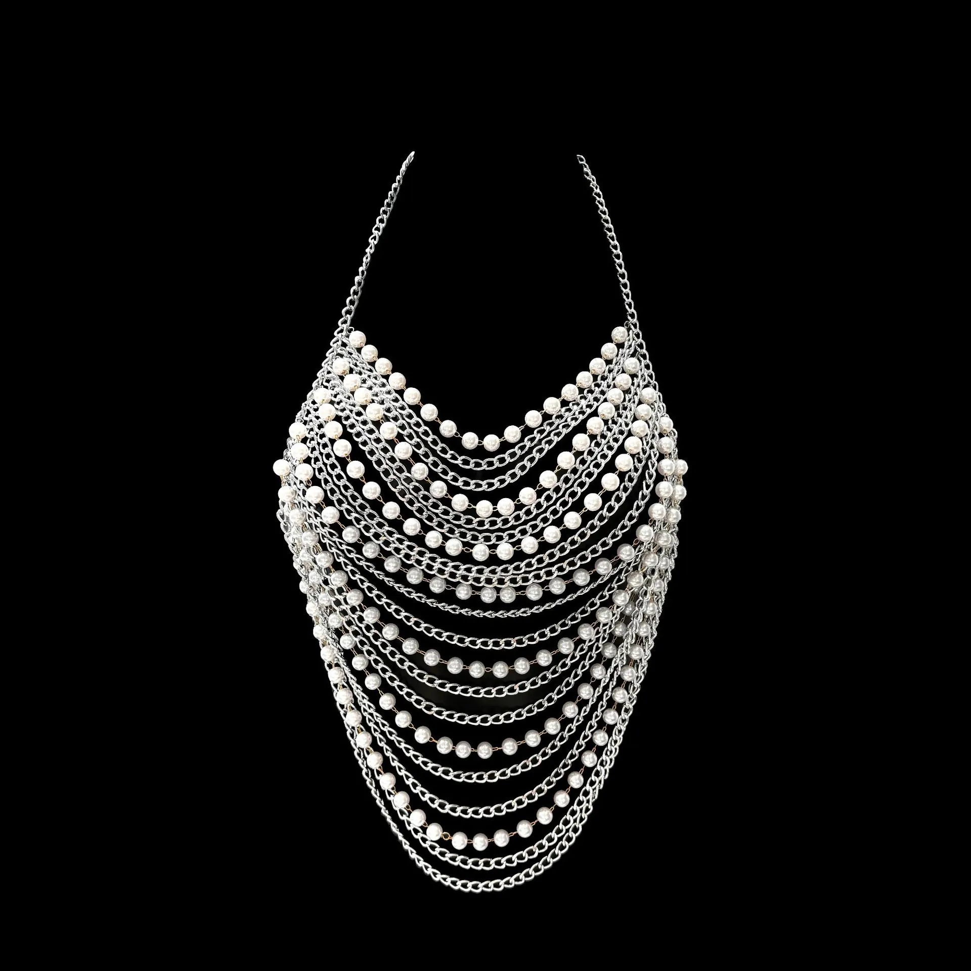 Sexy Halter Multi-Layer Artificial Pearl Metal Chain Body Chain Top For Women Nightclub Music Festival Party Jewelry Silver Crop Top