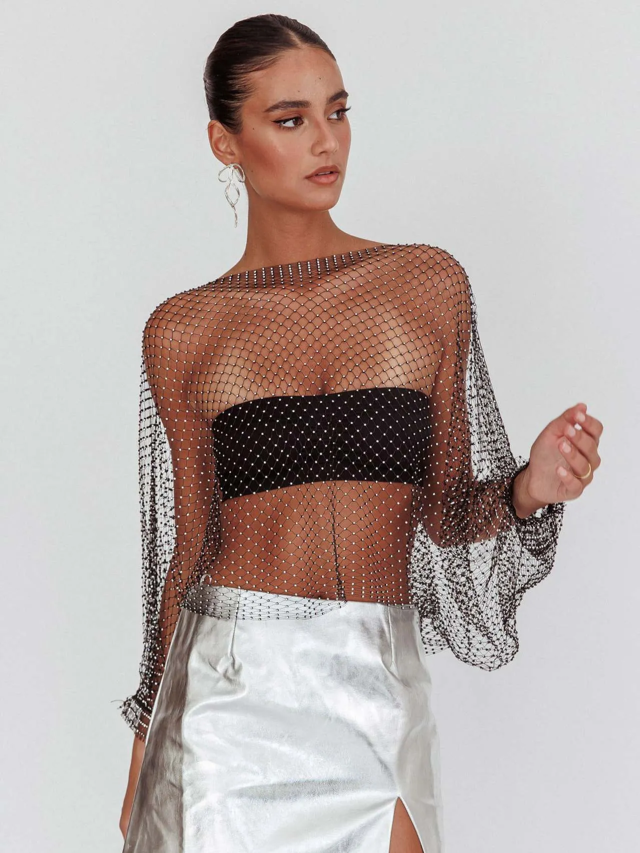 T-Shirt Femme Sexy en Maille Noire avec Strass Manches Longues Top de Fête en Résille Perspective Étincelante pour Femme