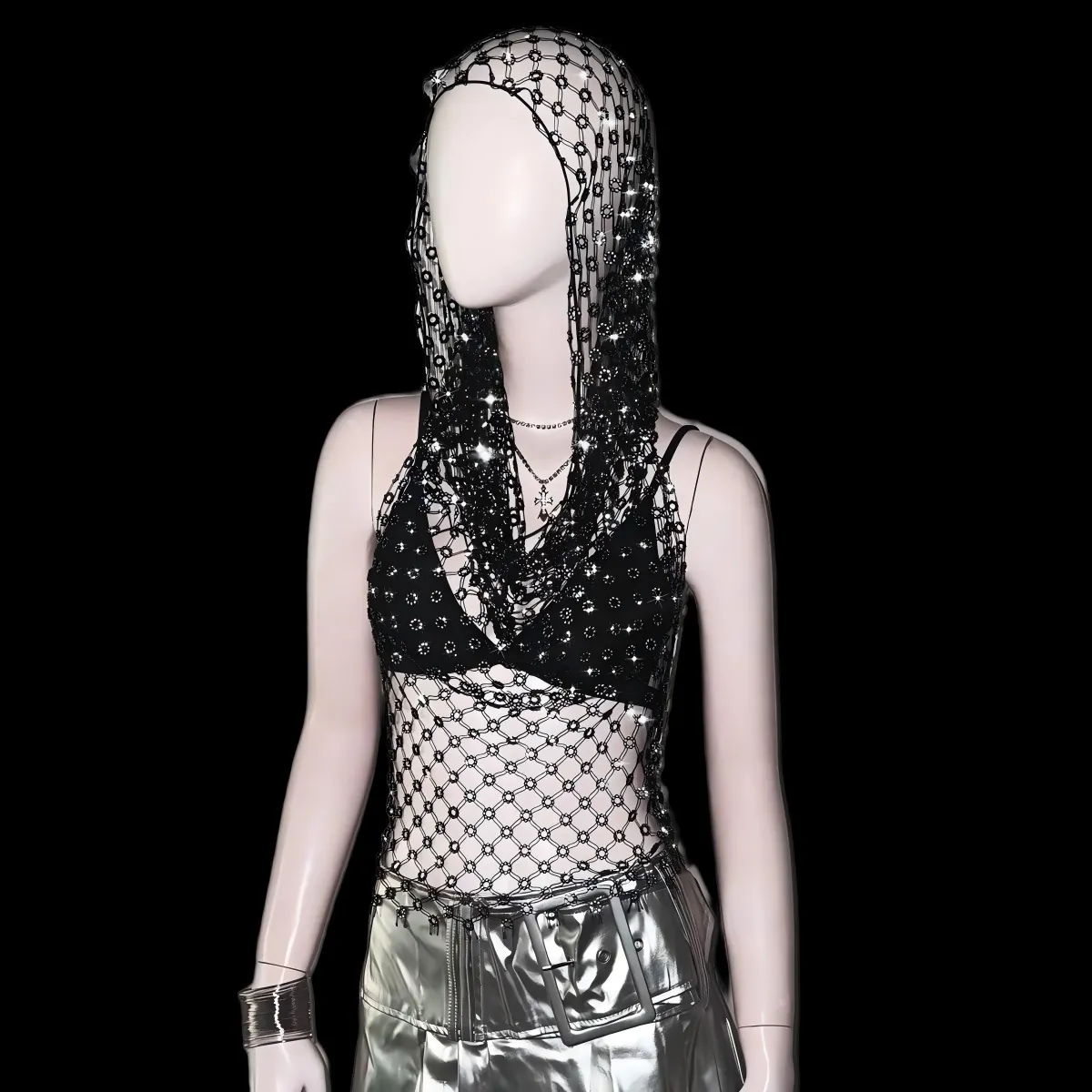 Damen Sexy Strass Fischnetz Tanktop Mit Kapuze Rückenfrei Y2K Festival Clubwear Party Musikfestival Sommer Funkelnde Durchsichtige Weste