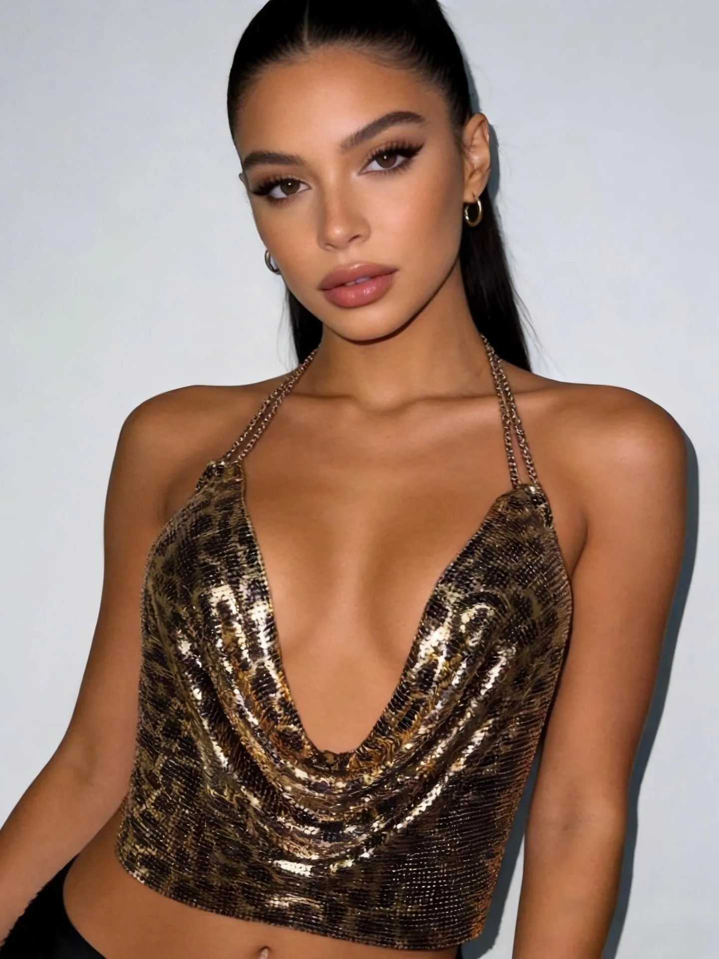 Haut de Femme Sexy Imprimé Léopard à Paillettes Col en V Profond Bretelles en Chaîne de Métal Dos Nu Clubwear Or