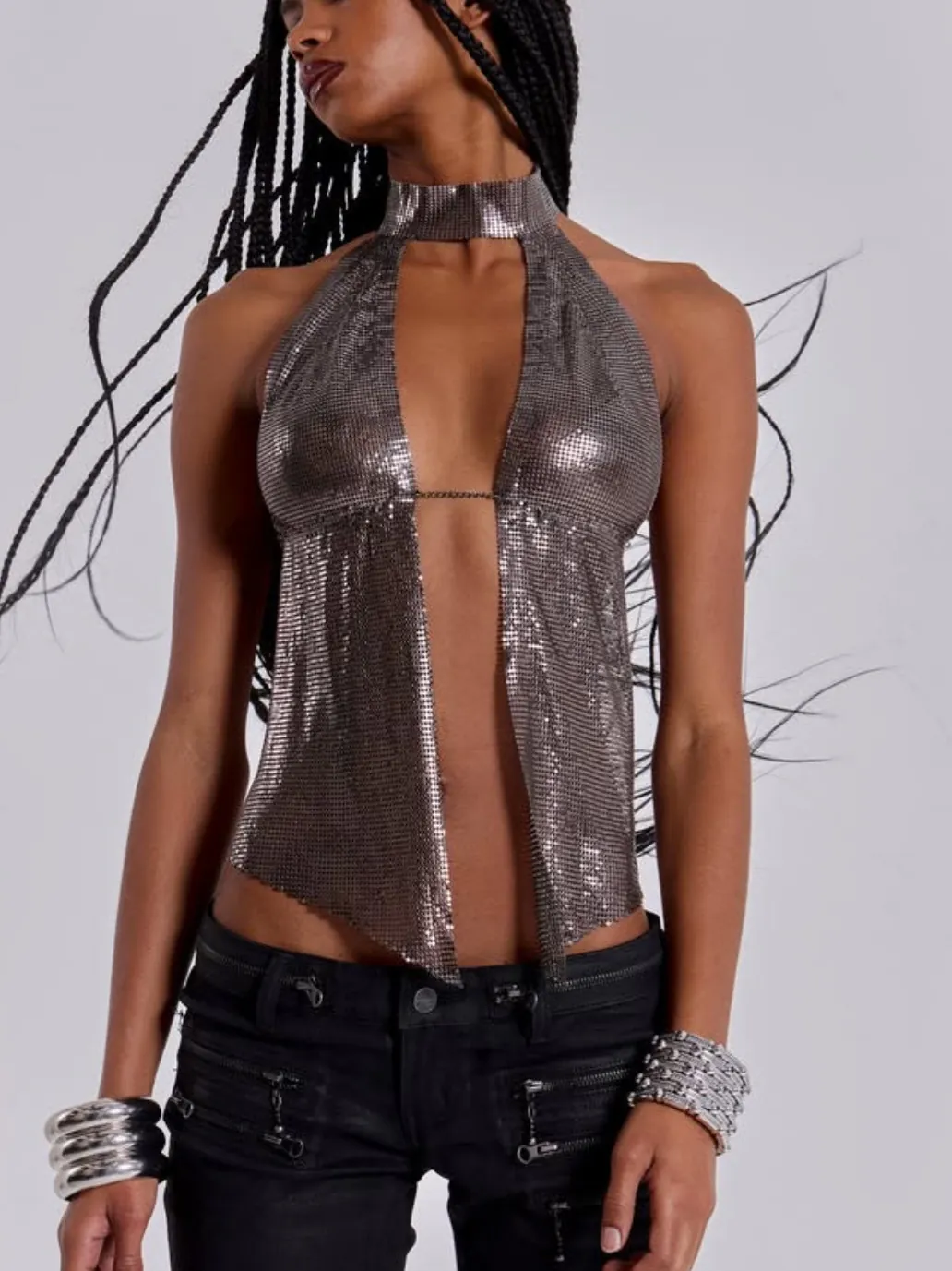 Damen Sexy Metall Pailletten Neckholder Top Rückenfrei Kettenhemd Mesh Weste Für Musikfestival Party Nachtclub Y2K Tank Top