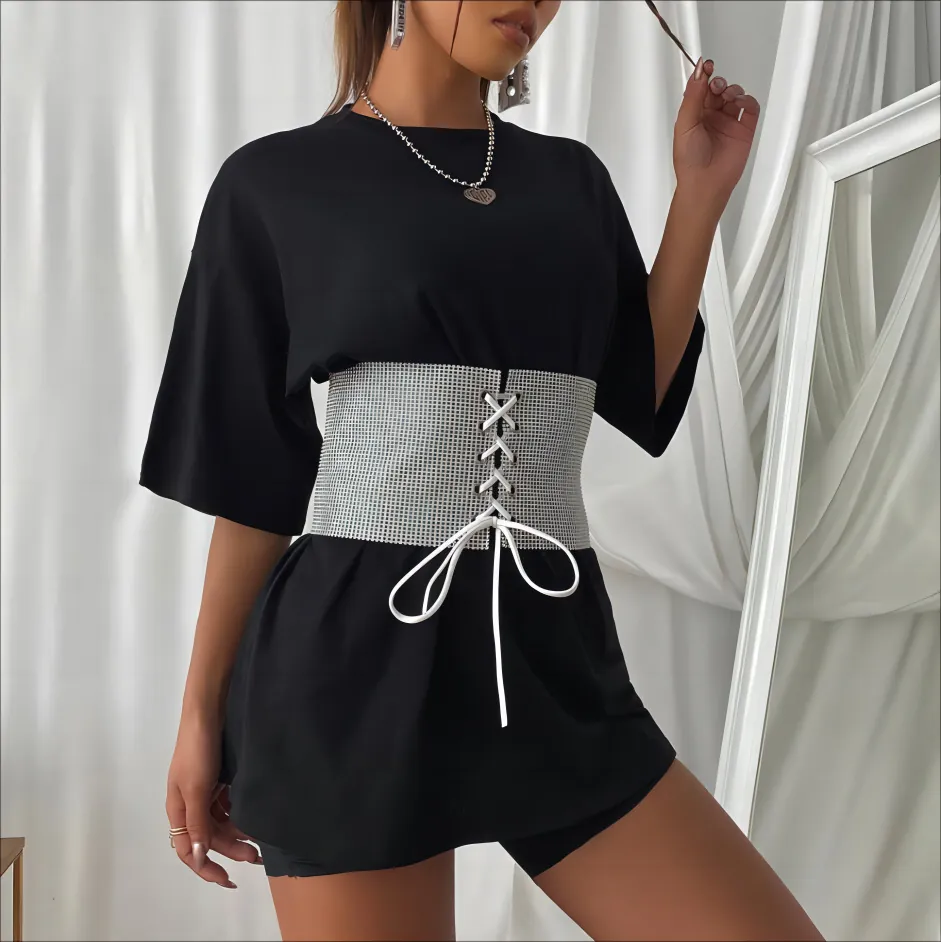 Ceinture Serre-taille de Luxe à Lacets Avec Strass pour Femmes Large Taille Métal Bijoux de Mode Accessoires Accessoire de Fête