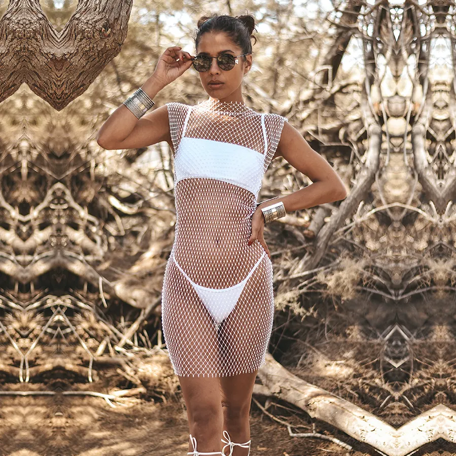 Women Sexy Mesh Fishnet Rhinestone Mini Dress Sleeveless Hollow Out Beach Cover Up Party Nightclub Sparkling Bodycon Dress