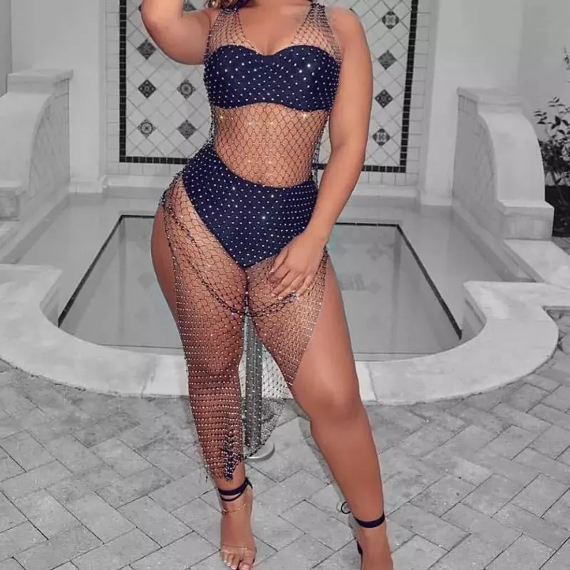 Vestito Sexy da Donna in Rete a Rete con Strass Senza Maniche con Scollo a V Girocollo Spacco Laterale per Feste in Spiaggia