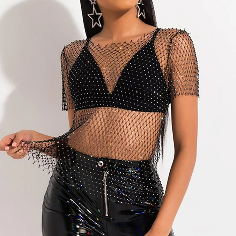 Sexy Women Mesh Fishnet Top Sparkly Rhinestone Short Sleeve Hollow Out Slim Fit Party Clubwear See Through Mesh Tee Shirt