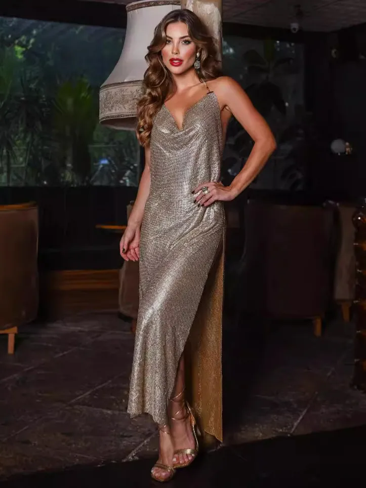 Women Sexy Halter Neck Rhinestone Maxi Dress Backless Side Slit Gold Silver Metal Mesh Party Evening Gown Jewelry Dress