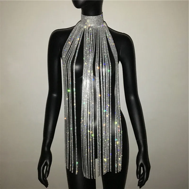 Sexy Halter Rhinestone Fringe Body Chain Top For Women Gold Silver Sparkling Crystal Tassel Nightclub Party Jewelry Accessory