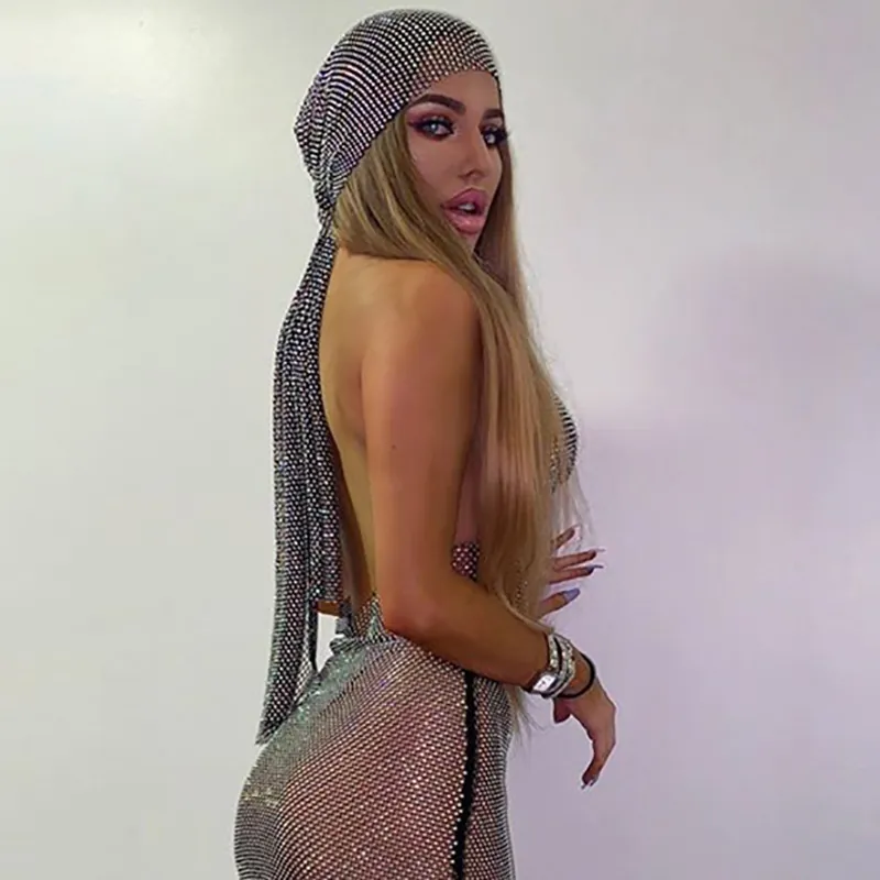 Sparkling Rhinestone Mesh Turban Headscarf For Women Crystal Fishnet Durag For Carnival Party Music Festival Headwear