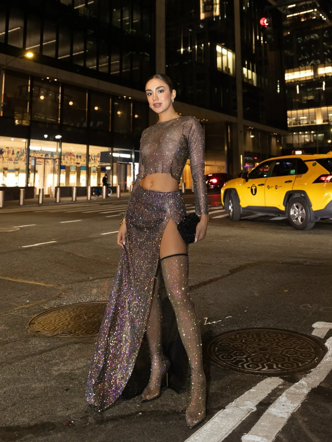 Women Sexy Rhinestone Mesh Long Sleeve Crop Top See-Through Glitter Fishnet Party Nightclub Sparkly Top For Women