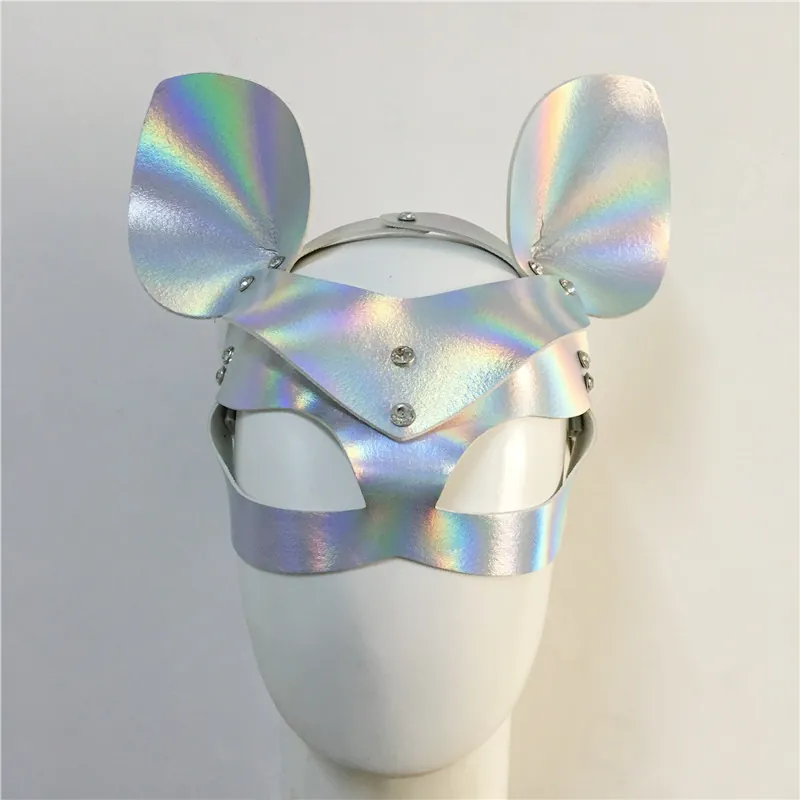 Holographic Laser Leather Masquerade Mask With Rhinestones Animal Ear Punk Sexy Party Mask For Halloween Cosplay Women Accessory