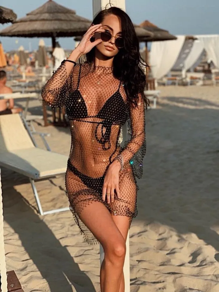 Robe Sexy en Résille à Strass pour Femme Manches Longues Design Ajouré Transparent Moulante Tenue de Plage Fête Club Robe Maxi