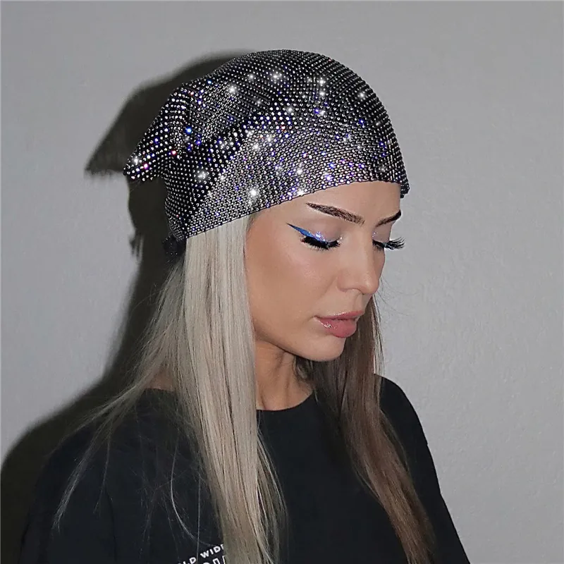 Women Sexy Rhinestone Mesh Headband Cap Party Rave Music Festival Sparkly Crystal Headscarf Polyester Mesh Arm Sleeves Set