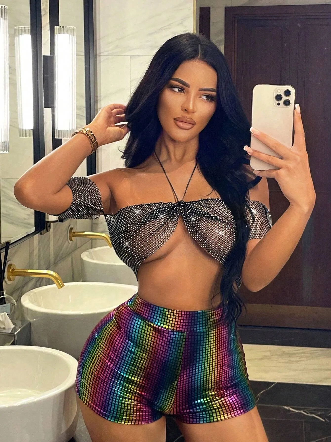 Haut Court Dos Nu Sexy en Maille à Strass pour Femme et Manches Tenues de Fête Clubwear Festival de Musique Haut Bandeau