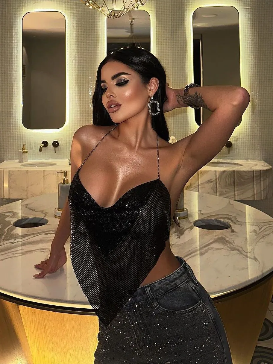 Haut à Bretelles Sexy à Paillettes Métalliques Col Halter Dos Nu Ourlet Irrégulier Col en V Débardeur de Fête pour Femmes