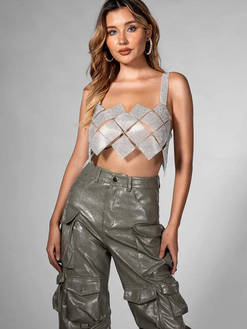 Women Sexy Metallic Rhinestone Crop Top Mesh Halter Camisole Sparkly Chain Link Backless Club Party Tank Top Vest