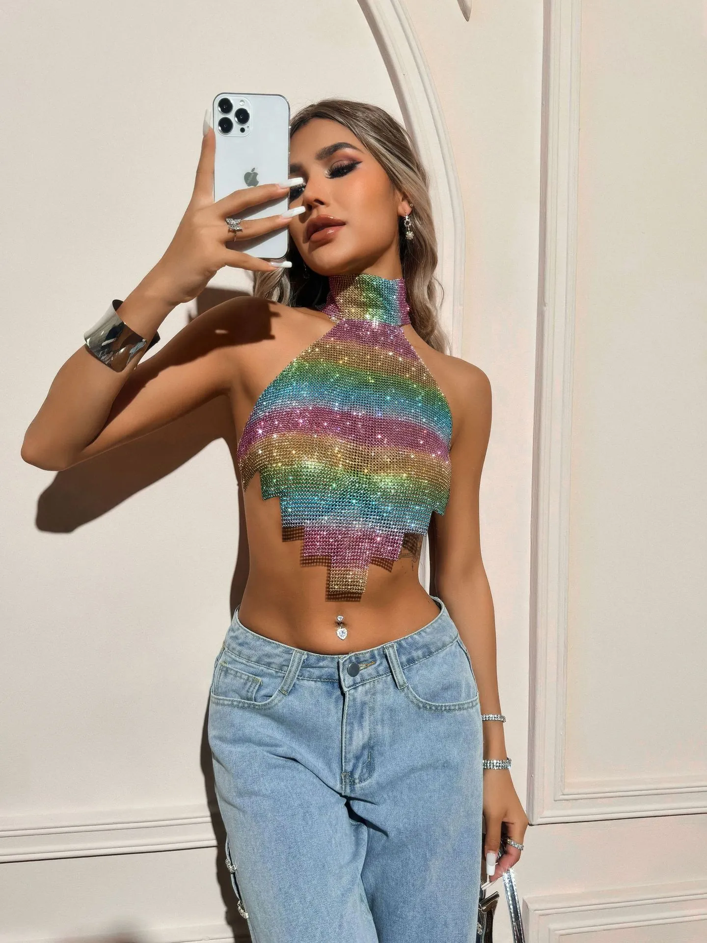 Women Sexy Halter Rhinestone Top Gradient Rainbow Metal Mesh Crop Top Y2K Irregular Hem Backless Party Clubwear Camisole