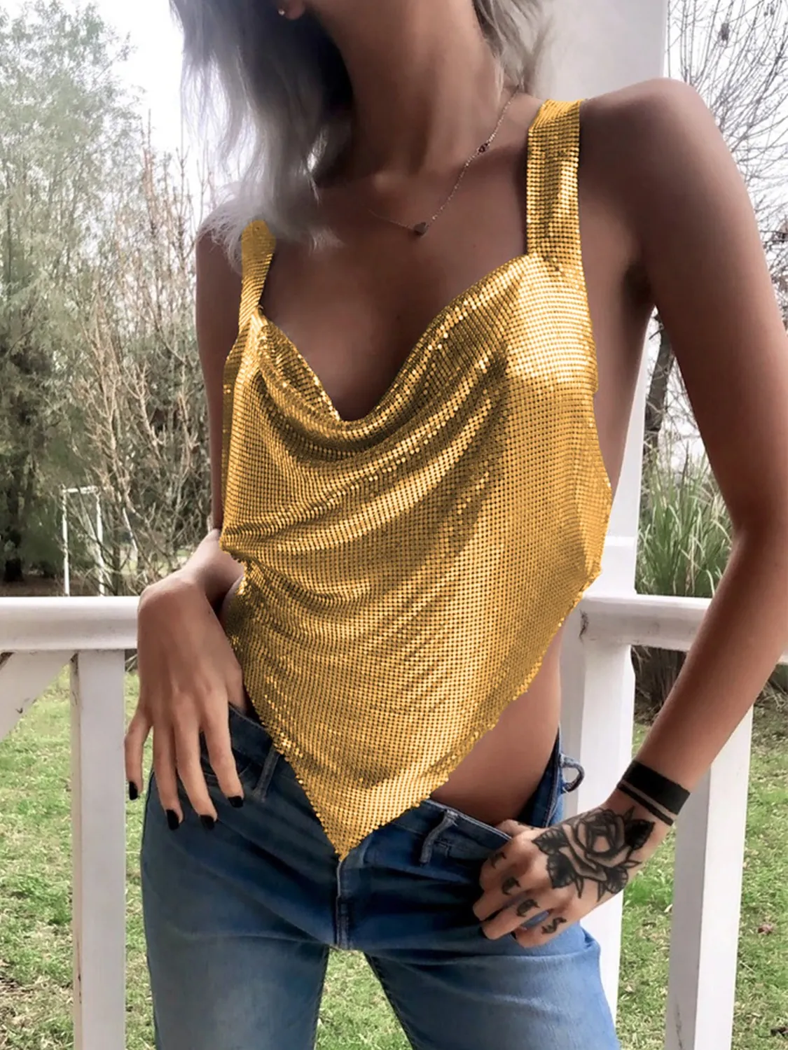 Women Sexy Metallic Mesh Sequin Halter Top Cowl Neck Backless Tank Top Party Clubwear Gold Silver Black Party Vest