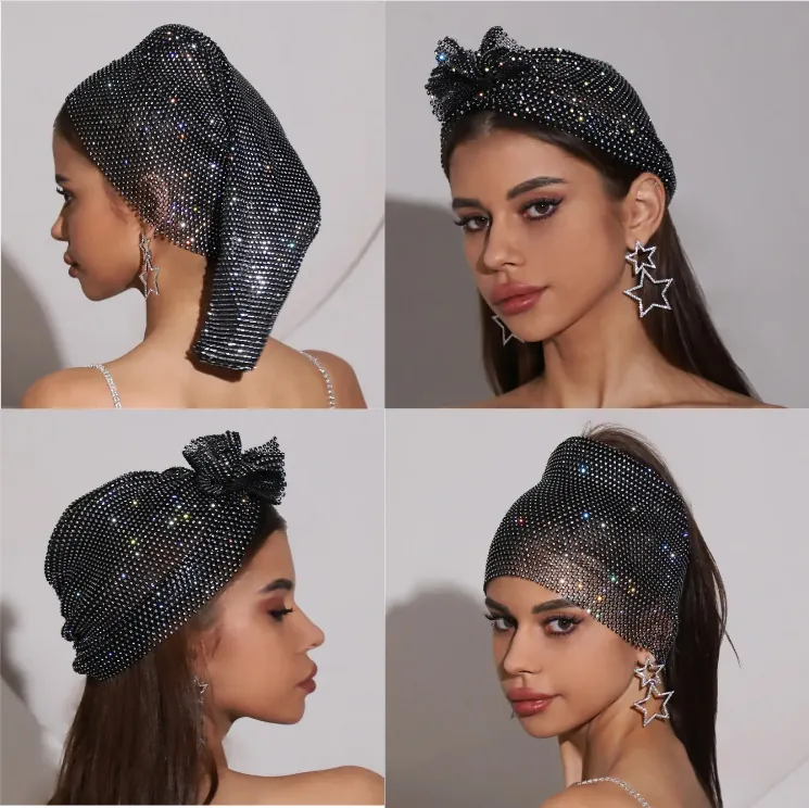 Bonnet Turban en Maille avec Strass de Luxe pour Femmes Bandeau en Cristal Étincelant Accessoires de Mariage pour Fête