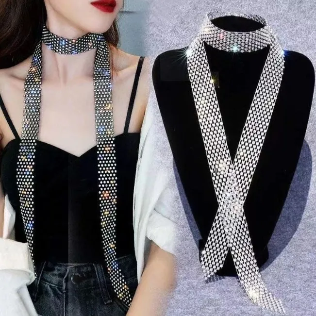 Damen Funkelnder Strass Dünner Schal Für Musikfestival Party Europäische Mode Krawatte Stil Langer Schal Zubehör Schwarz Weiß