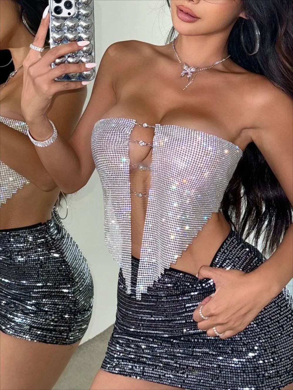 Top Bustier en Métal à Strass Sexy pour Femmes Scintillant Ajouré Bandeau Festival Fête Dos Nu Crop Top Argent