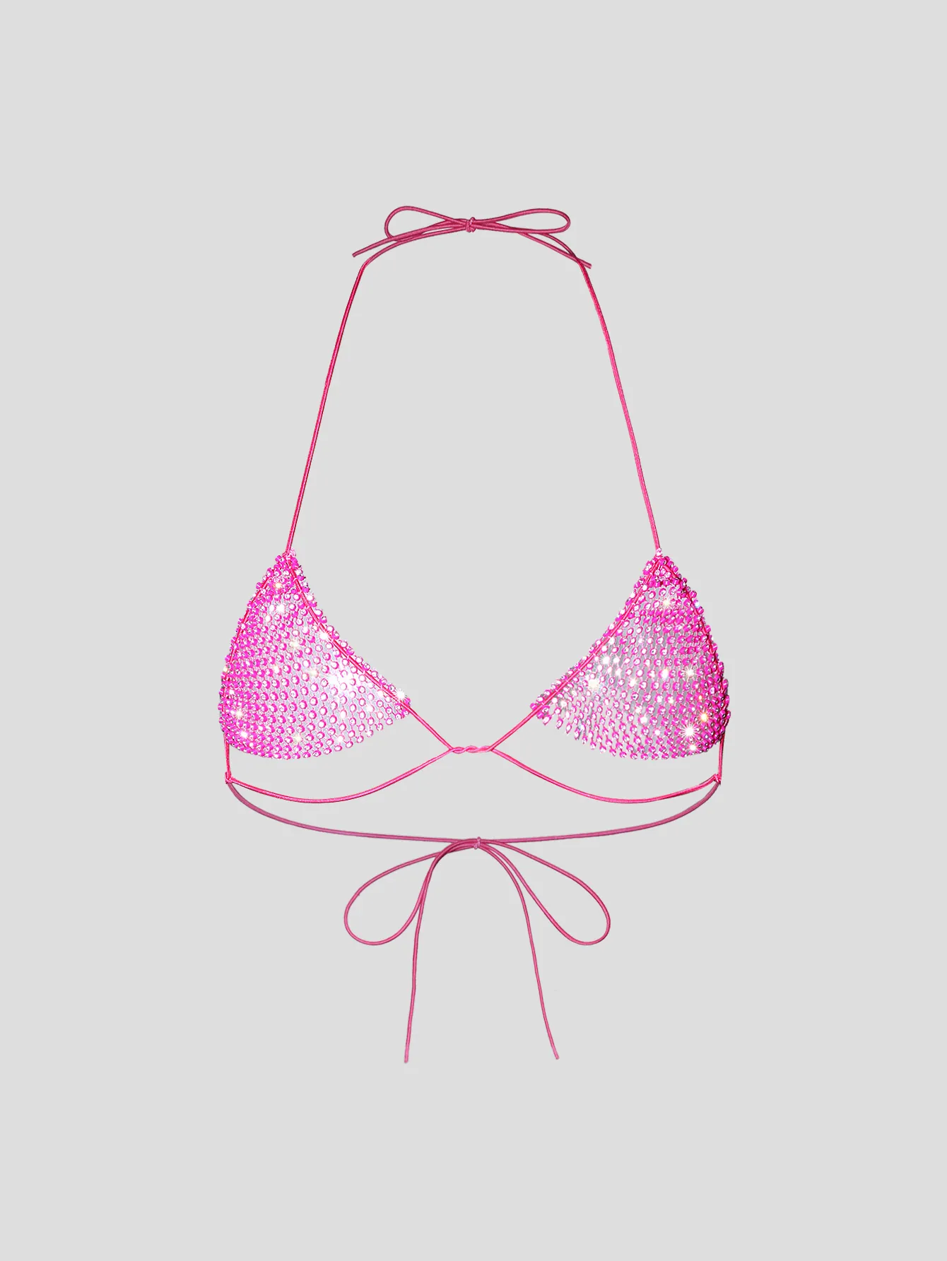 Women Sexy Rose Red Rhinestone Bikini Top Halter Tie Up Triangle Cup Sparkly Beach Party Mesh Crop Top Without Bra Pads