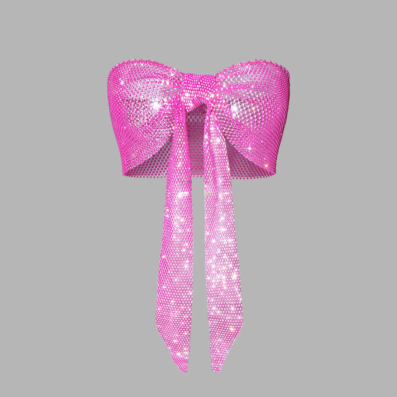 Women Sexy Rhinestone Bow Bandeau Top Shimmering Mesh Strapless Hot Girl Party Clubwear Crop Top Hot Pink White Clothing