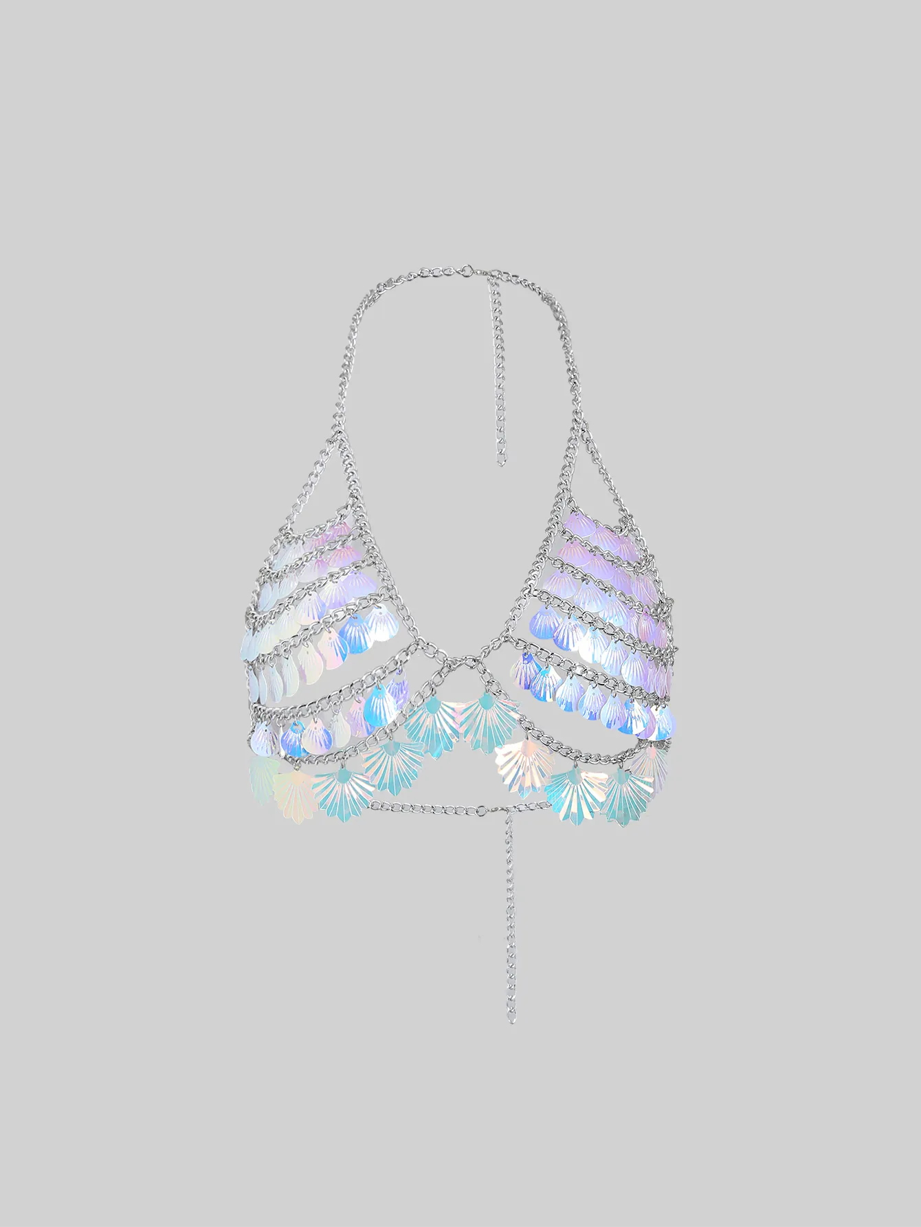 Iridescent Shell Sequin Halter Top Sexy Metal Chain Body Chain Mermaid Beach Party Clubwear Sleeveless Crop Top For Women