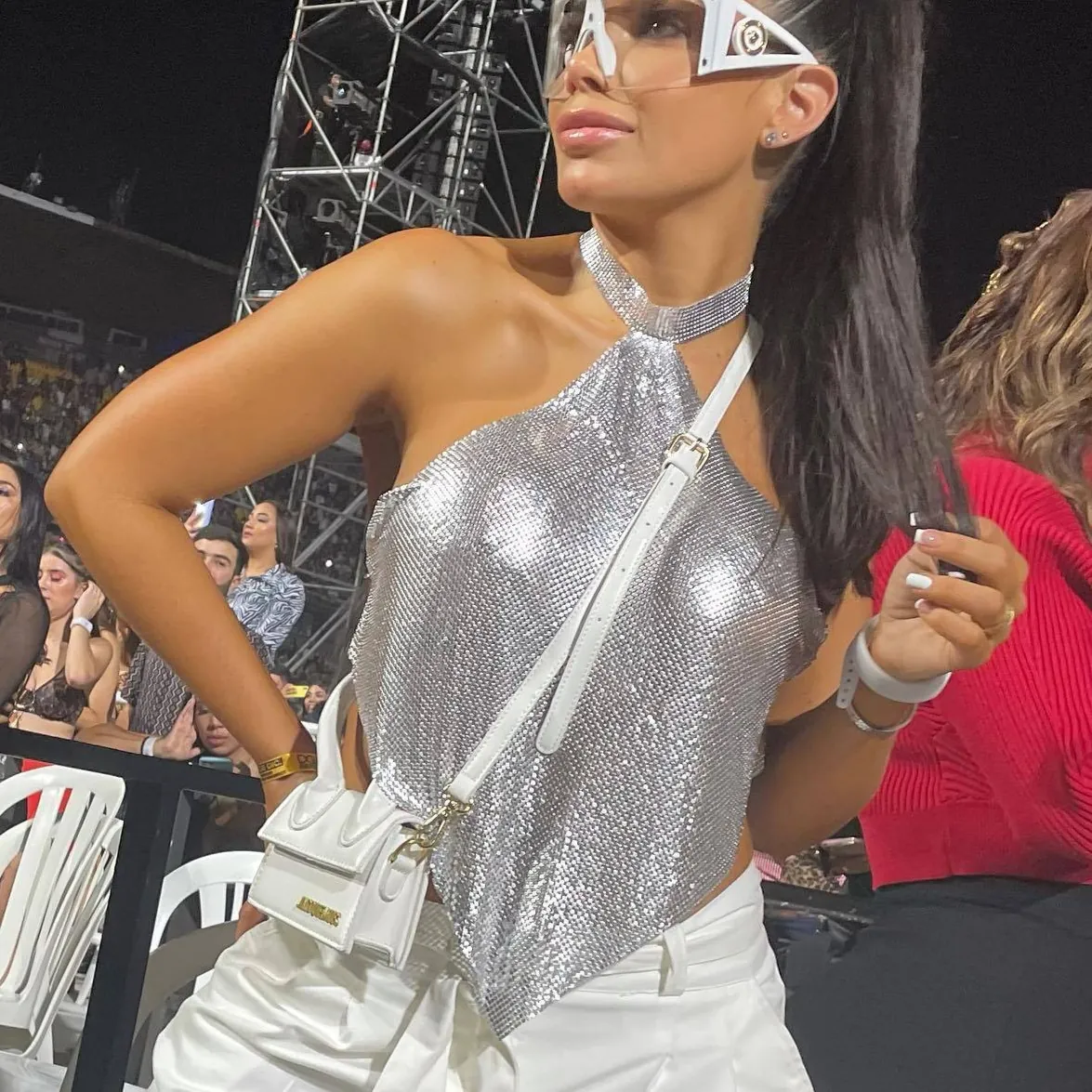 Sexy Silver Metal Sequin Halter Top For Women Backless Nightclub Party Crop Top Metallic Mesh Camisole Clubwear