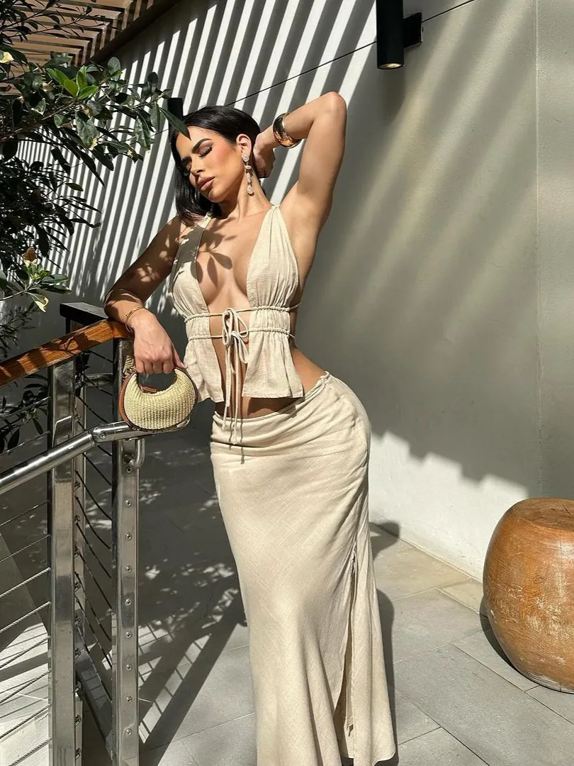 Women Sexy Top And Bottom Halter Neck Tie Front Top High Waist Side Slit Maxi Skirt Solid Color Polyester Outfits