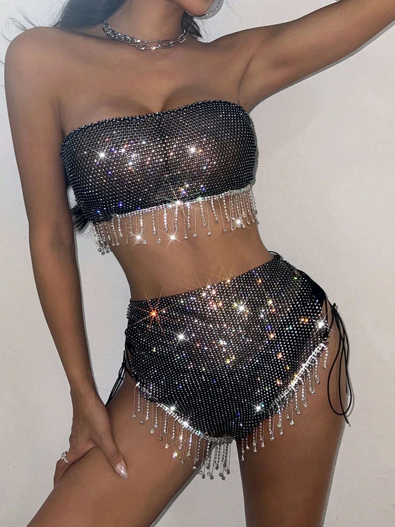 Damen Sexy Strass Mesh Top Und Shorts Glitzernde Fransen Bandeau Tube Top Und Seitliche Schnürung Unterteile Party Clubwear