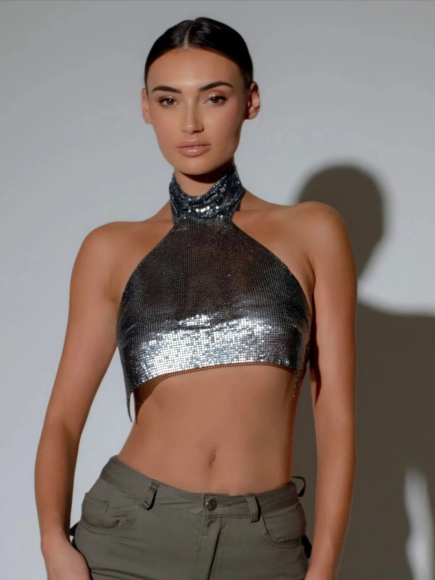 Crop Top Licou Sexy En Paillettes Métalliques Pour Femmes Dos Nu Sans Manches Gilet En Maille Brillante Pour Fête Boîte De Nuit Festival