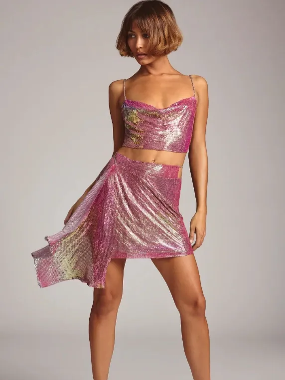 Women's Sexy Metallic Mesh Sequin Two Piece Set Sleeveless Crop Top And Mini Skirt Party Nightclub Outfit