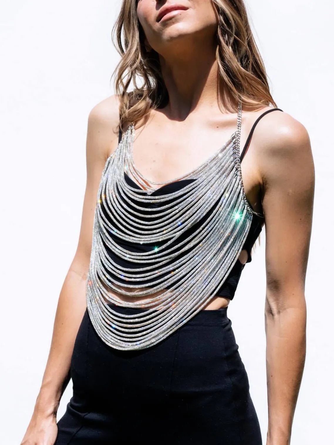Camisole Dos Nu Sexy pour Femmes avec Chaîne de Corps en Métal Multicouche Argenté Strass pour Fête de Festival