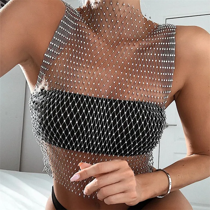 Canotta da Donna Sexy con Strass in Rete a Rete Trasparente Senza Maniche Hollow Out Crop Top Party Beachwear Clubwear Gilet