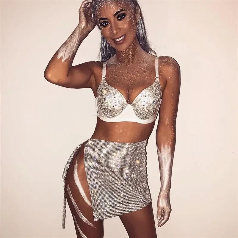 Crop Top Dos Nu en Maille Métallique avec Strass Sexy et Mini Jupe Fendue Tenue de Soirée en Boîte de Nuit pour Femme