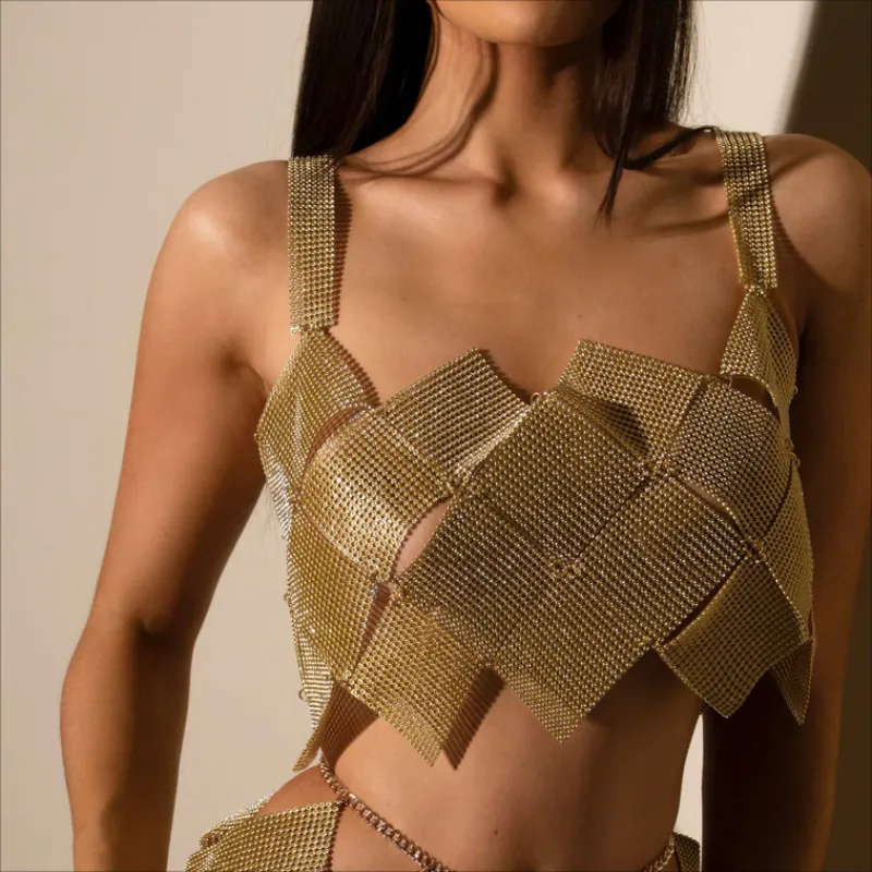 Canotta da Donna Sexy con Strass e Griglia Metallica Crop Top Scintillante Halter per Feste Clubwear Nightclub
