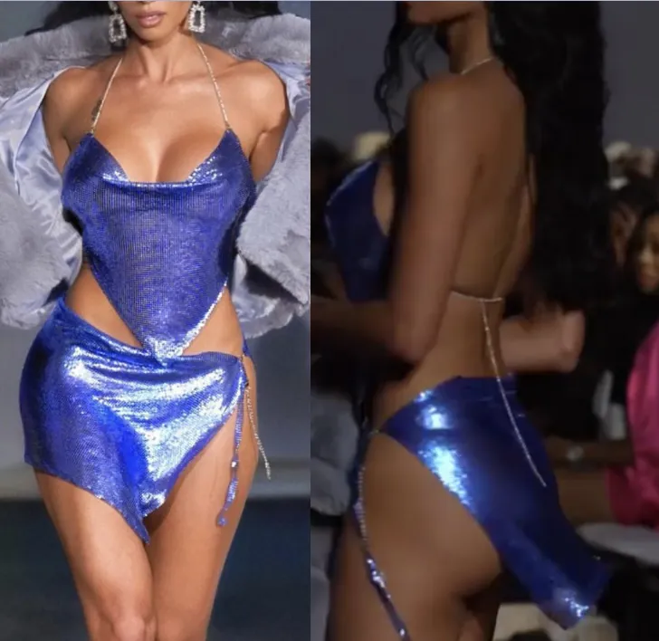 Women's Sexy Metallic Sequin Halter Top And Mini Skirt Set Nightclub Party Outfits Aluminum Mesh Backless Two Piece Set