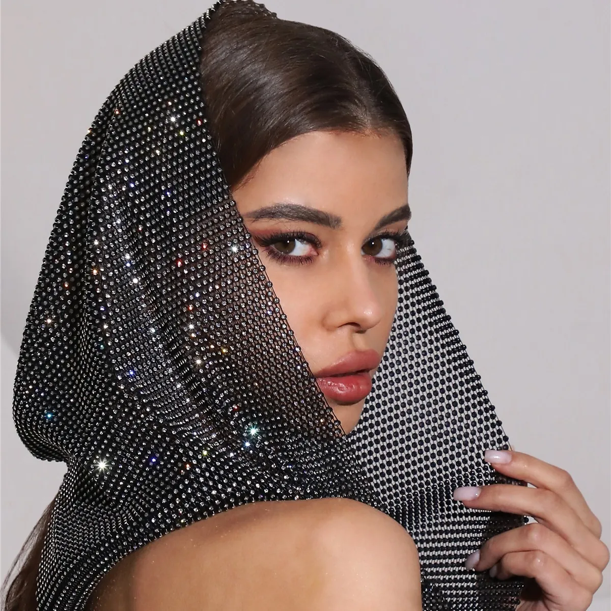 Women Sexy Rhinestone Mesh Hood Headscarf Sparkly Crystal Party Nightclub Hollow Out Grid Headwear Breathable Bonnet Hat