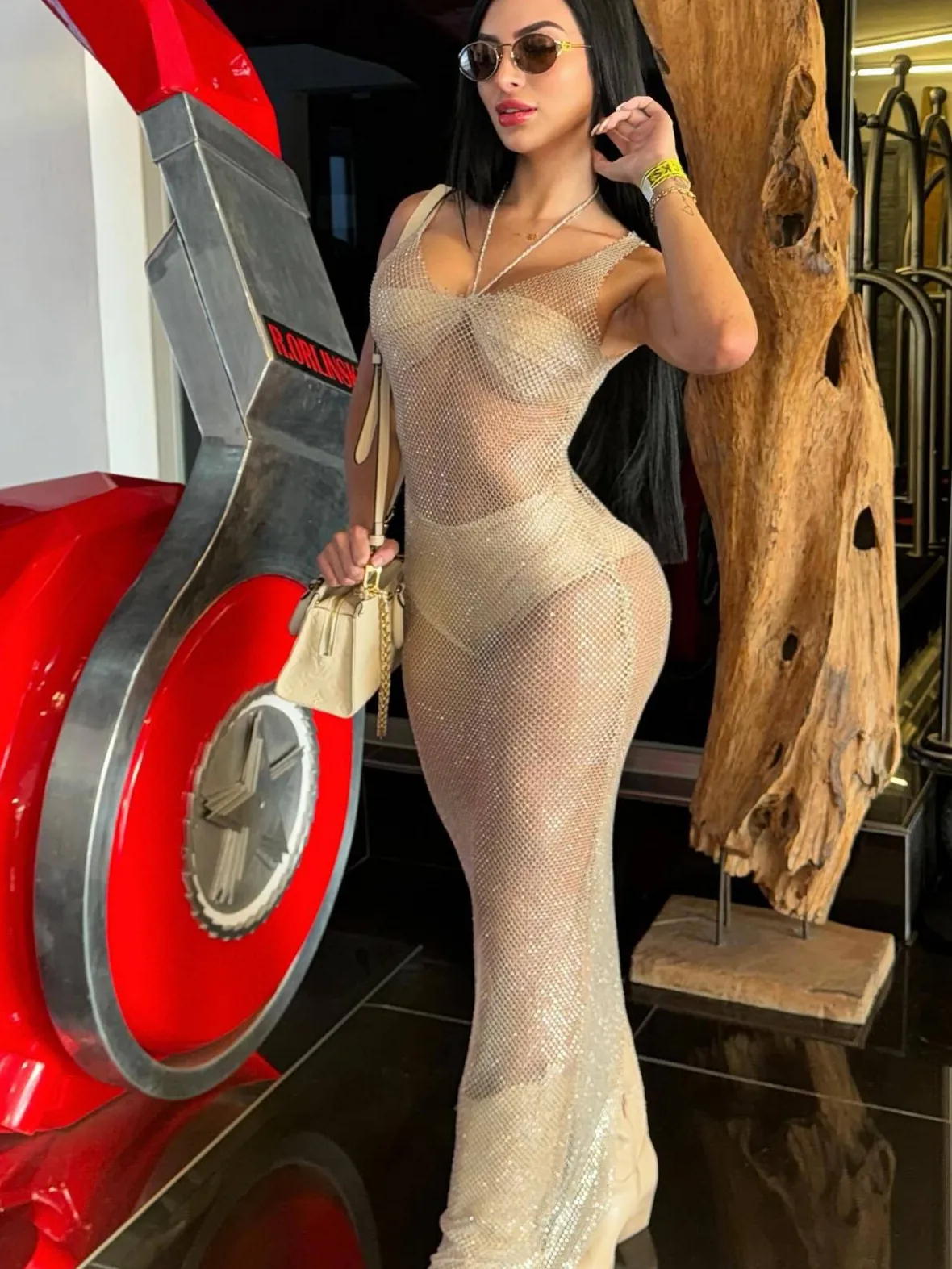 Abito Lungo da Donna Sexy con Strass a Rete Trasparente Scollo a V Senza Maniche Aderente a Rete per Feste Vacanze