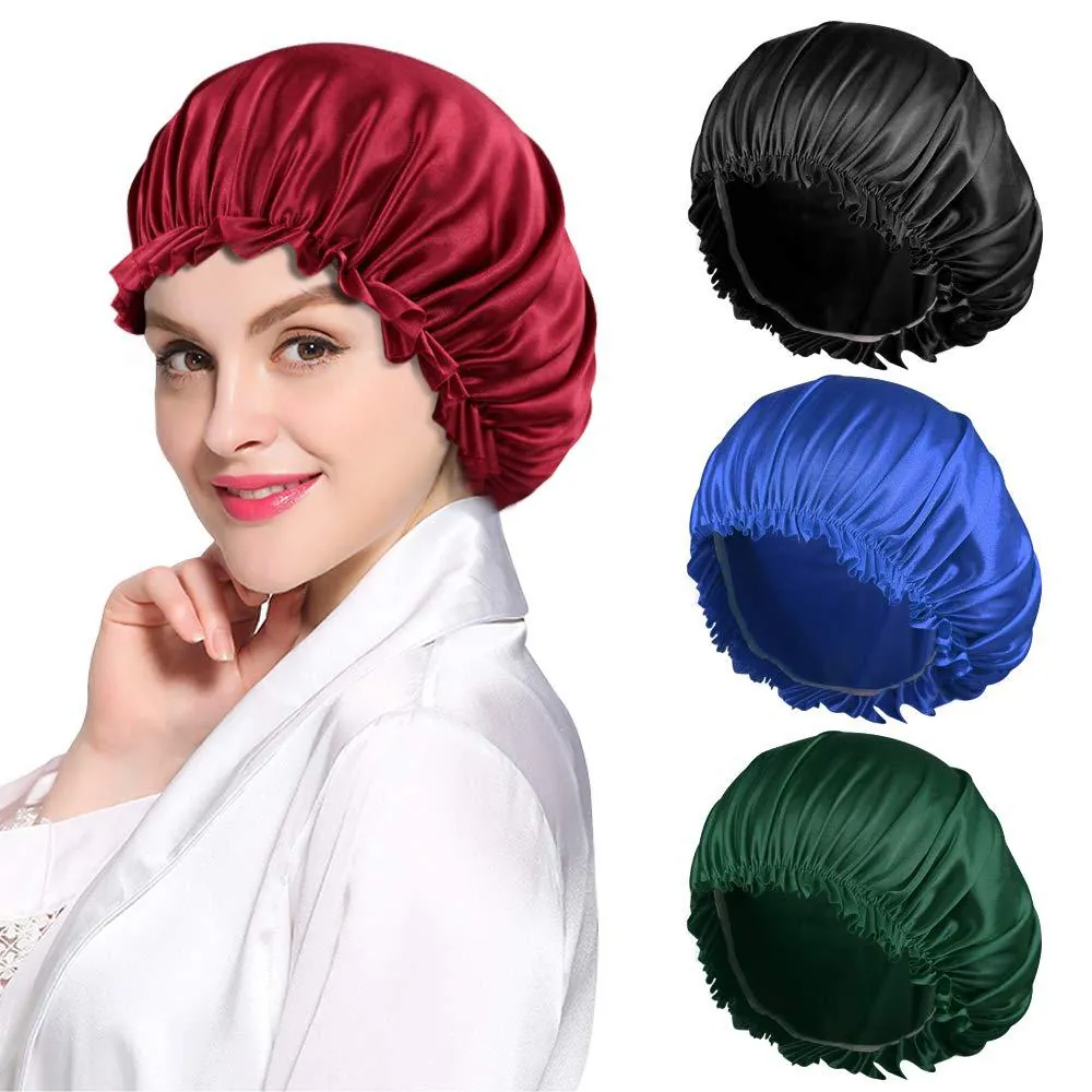 Cuffia da Notte in Satén Donna Regolabile Elastico Volant Cappello Cura dei Capelli Tinta Unita Morbido Copricapo in Simil Seta