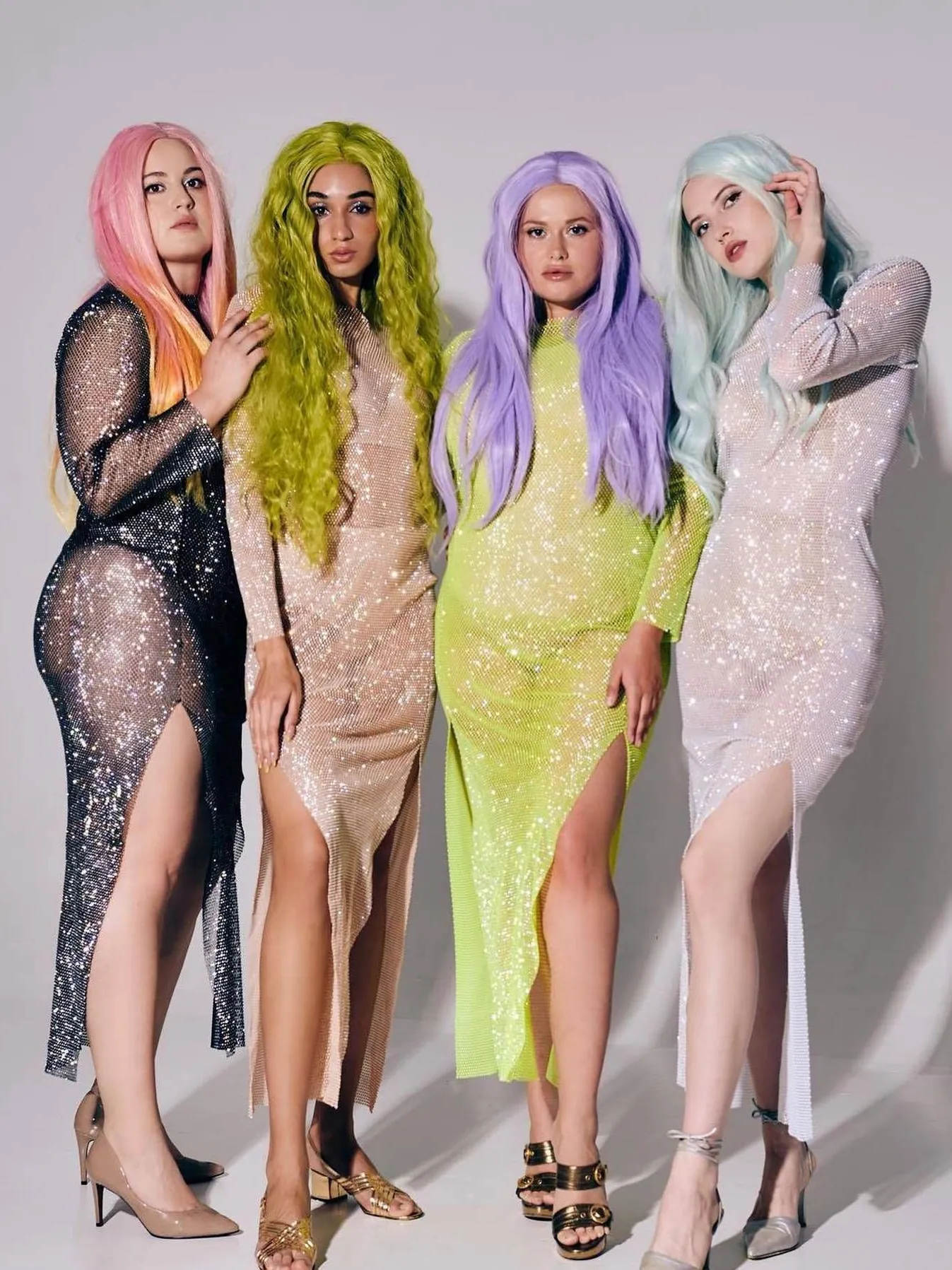 Women Sexy Rhinestone Mesh Fishnet Maxi Dress Long Sleeve Hollow Out Bodycon Nightclub Party High Split Long Dress