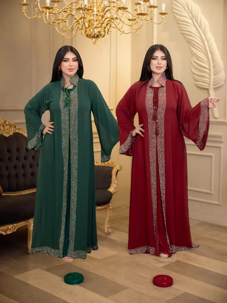 Women Elegant Muslim Abaya Kaftan Maxi Dress Rhinestone Chiffon Long Sleeve Party Robe And Matching Headscarf Set