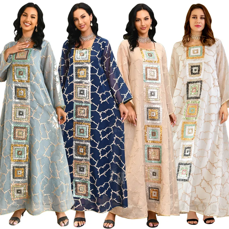 Women Bohemian Ethnic Maxi Dress Elegant Sequin Embroidery Kaftan Long Sleeve Branch Pattern Party Wedding Abaya Dress
