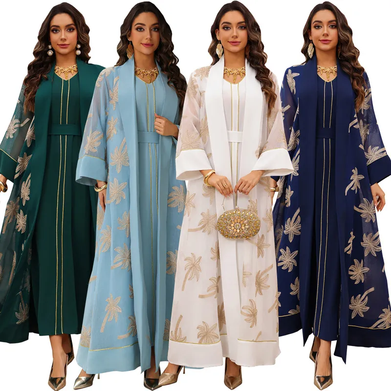Women Muslim Abaya Inner Dress And Golden Palm Tree Embroidery Outer Cardigan Belt Middle Eastern Kaftan Long Dress