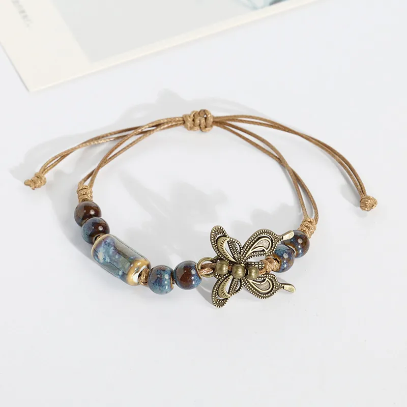 Handmade Ceramic Beaded Bracelet Alloy Vintage Butterfly Pendant Adjustable Braided Rope Ethnic Retro Jewelry For Women