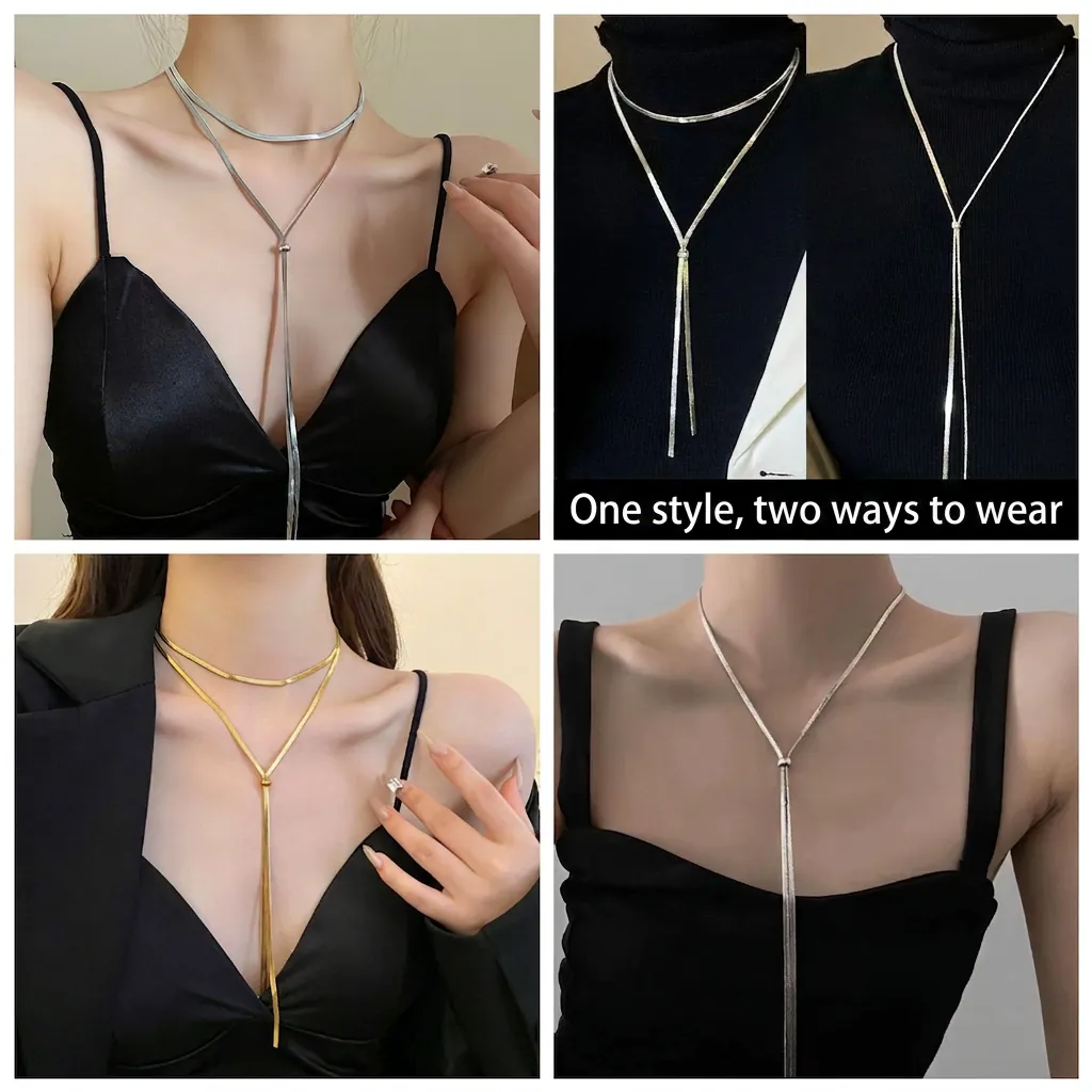 Verstellbare Titanstahl Y-Form Schlangenkette Halskette Für Damen Minimalistische Lange Doppellagige Halskette Gold Silber Schmuck Für Partys
